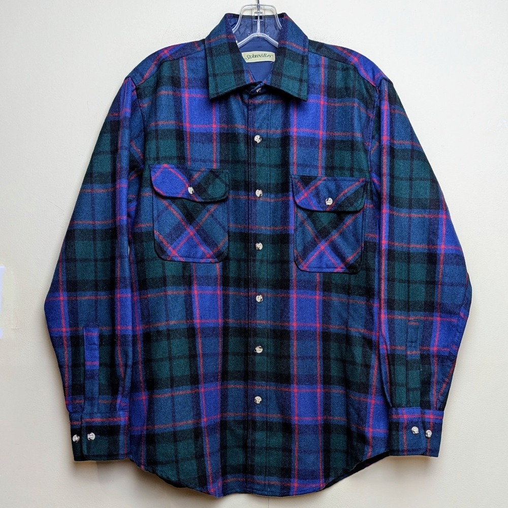 Vintage 1980s St. Johns Bay Plaid Shirt 100% Pure Virgin Wool Size Medium Flaws
